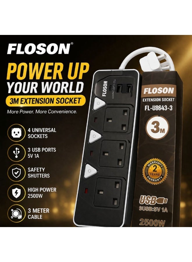 FLOSON 3-Way Extension Socket with 3 USB Ports & Individual Switches - 3 Meter Long Cable, 2500W Heavy Duty Power Strip , Power Cord (2-Year Warranty) - Image 2