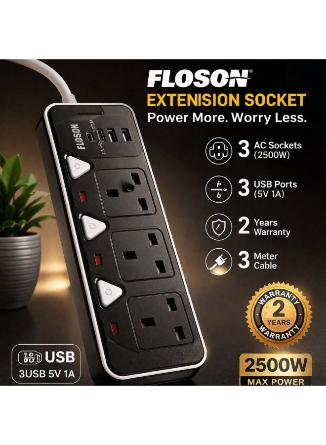 FLOSON 3-Way Extension Socket with 3 USB Ports & Individual Switches - 3 Meter Long Cable, 2500W Heavy Duty Power Strip , Power Cord (2-Year Warranty) - Image 1