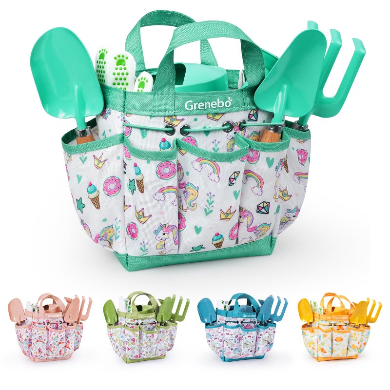 Grenebo Kids Gardening Set ToysIncludes Metal TrowelTransplanting ShovelGarden hatRakeApronGlovesWatering Canand Tool Organizer Bag Lake Green - Image 3
