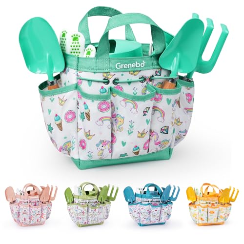 Grenebo Kids Gardening Set ToysIncludes Metal TrowelTransplanting ShovelGarden hatRakeApronGlovesWatering Canand Tool Organizer Bag Lake Green - Image 1