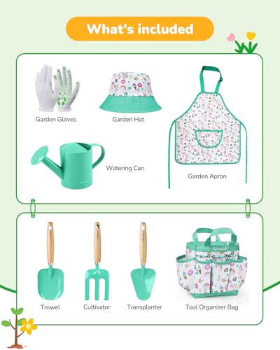 Grenebo Kids Gardening Set ToysIncludes Metal TrowelTransplanting ShovelGarden hatRakeApronGlovesWatering Canand Tool Organizer Bag Lake Green - Image 5
