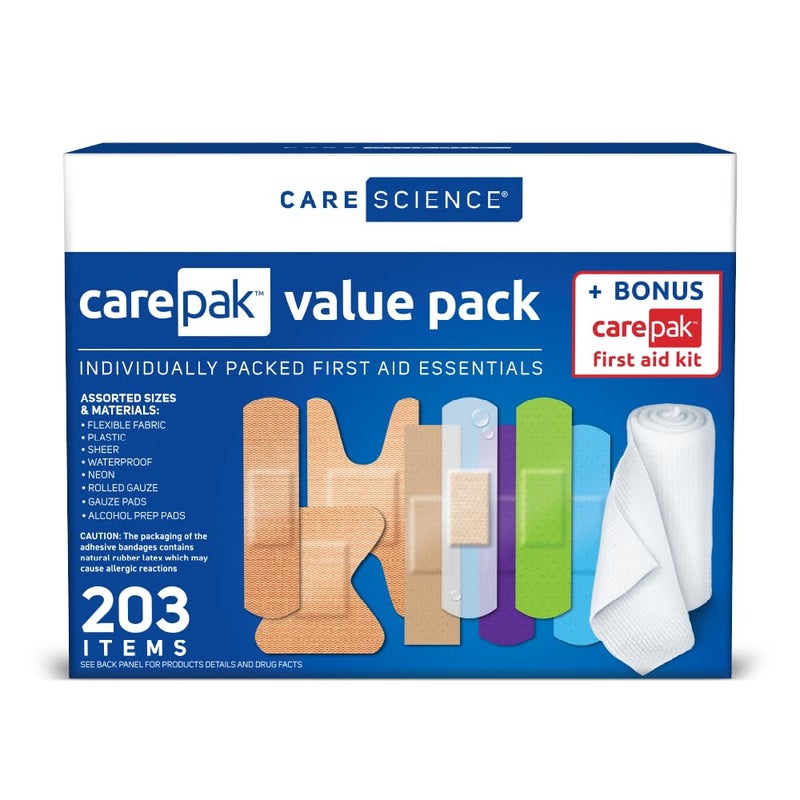 Care Science CarePak Variety Pack 203pc, Assorted | Includes Sheer, Waterproof, Plastic Bandages and a First Aid Kit. Breathable Protection for Use on Minor Cuts, Scrapes and Burns - Image 1
