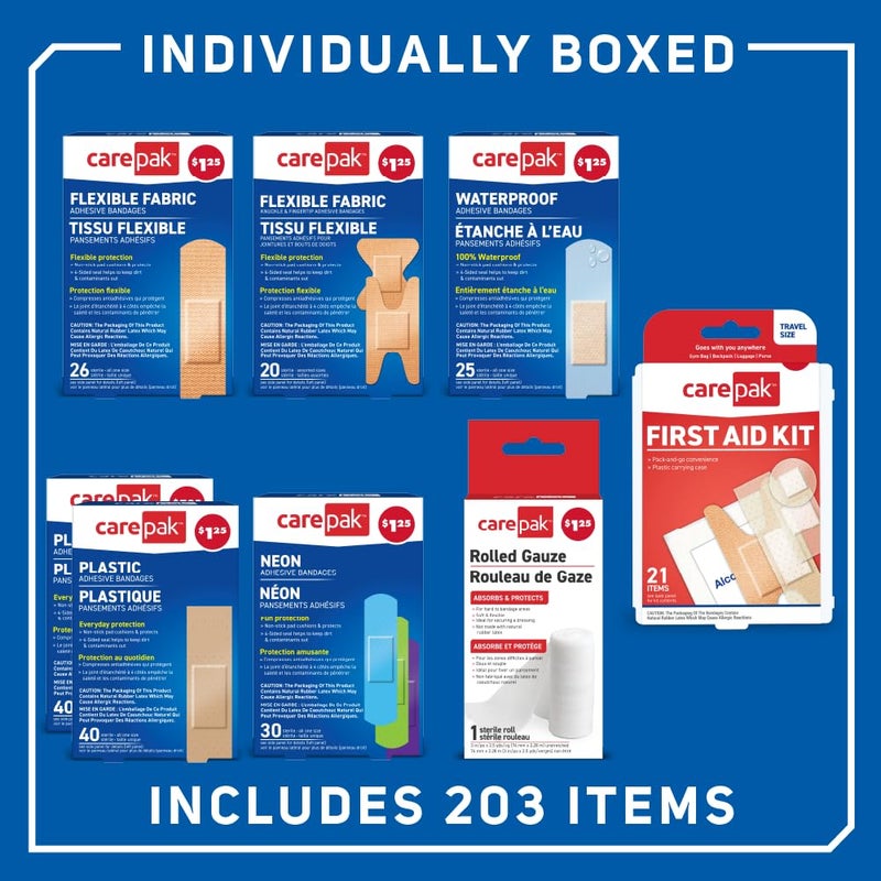 Care Science CarePak Variety Pack 203pc, Assorted | Includes Sheer, Waterproof, Plastic Bandages and a First Aid Kit. Breathable Protection for Use on Minor Cuts, Scrapes and Burns - Image 3