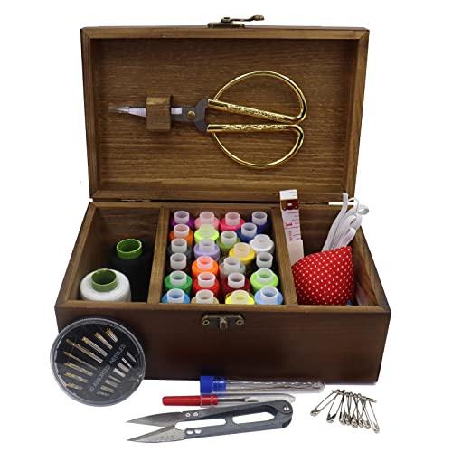 Flytreal Sewing Kit Box Basket, Wooden Hand Home Sewing Repair Tool Kit, Beginner Universal Sew Kit Accessories for Women, Men, Adults, Girls, Kids (Retro Dandelion) - Image 2