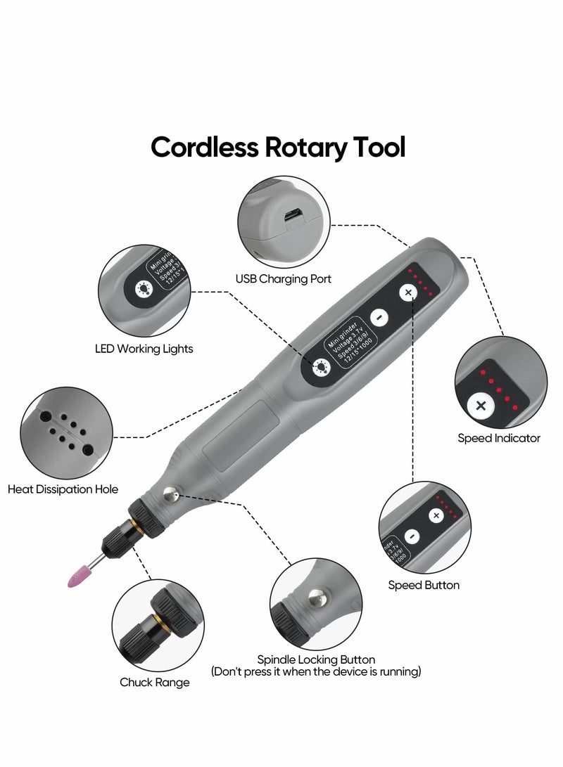 Y&D Rotary Tool Kit, Cordless 5-Speed Variable and USB Charging Cable Mini Power Tools, 3.7V with 45pcs Accessories for Cutting, Drilling, Sanding, Engraving, Polishing & DIY Crafts (Grey) - Image 2