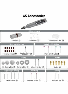 Y&D Rotary Tool Kit, Cordless 5-Speed Variable and USB Charging Cable Mini Power Tools, 3.7V with 45pcs Accessories for Cutting, Drilling, Sanding, Engraving, Polishing & DIY Crafts (Grey)  - Image 5