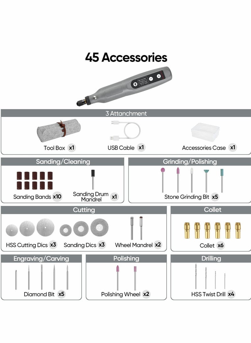 Y&D Rotary Tool Kit, Cordless 5-Speed Variable and USB Charging Cable Mini Power Tools, 3.7V with 45pcs Accessories for Cutting, Drilling, Sanding, Engraving, Polishing & DIY Crafts (Grey) - Image 5