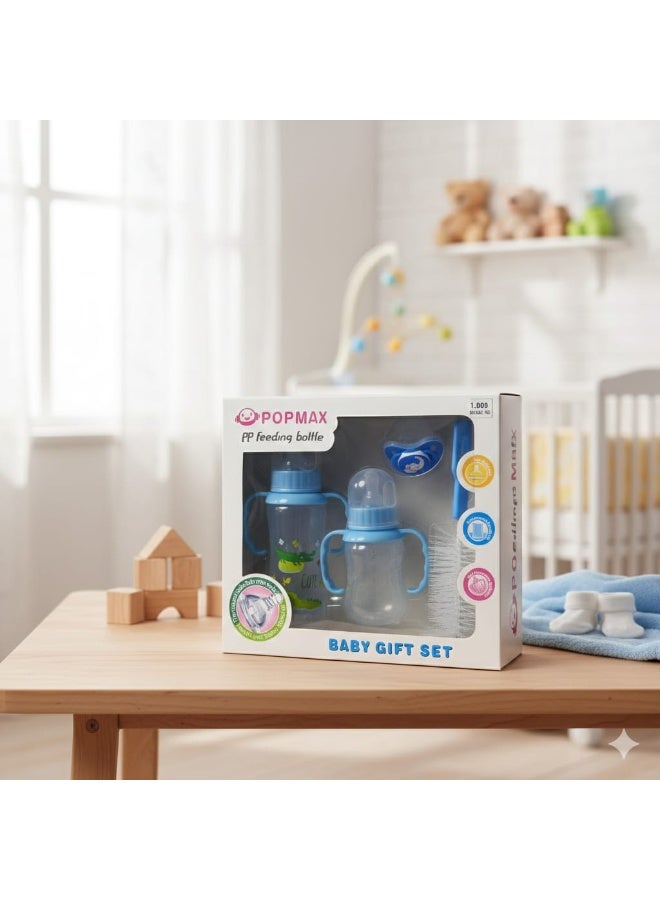 طقم هدايا رضاعات أطفال POPMAX، أزرق PP، مع كوب رشفة ولهاية وفرشاة