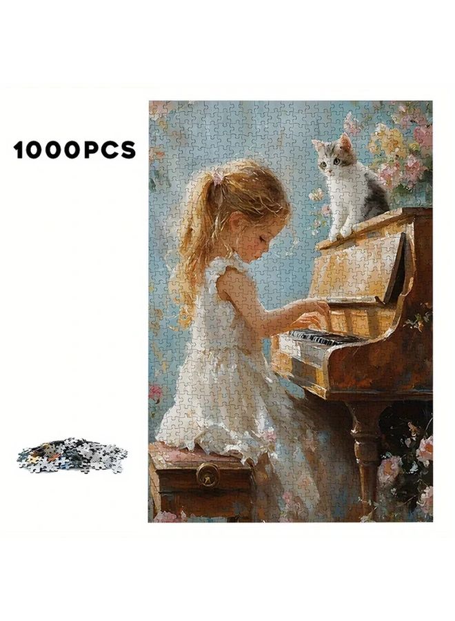 1000 Pcs High Quality Durable Puzzle Girl Plays Piano Cat Sweet Scene Adults - Image 3