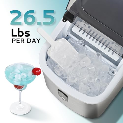 EUHOMY Ice Maker Countertop, Portable Ice Machine with Carry Handle, 26.5lbs Per Day, 9 Cubes in 6 Mins, Auto-Cleaning, with Basket and Scoop, for Home, Kitchen, Camping, RV (Silver) - Image 2
