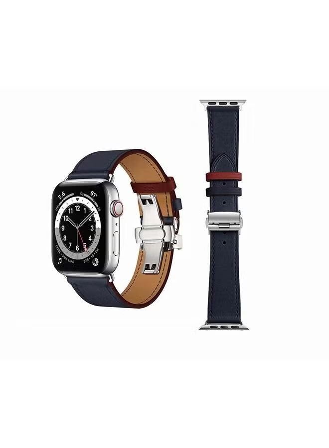 vesus Genuine Leather Replacement Band with Silver Buckle for Apple Watch Series 6/SE/5/4/3/2/1 44/42mm Blue