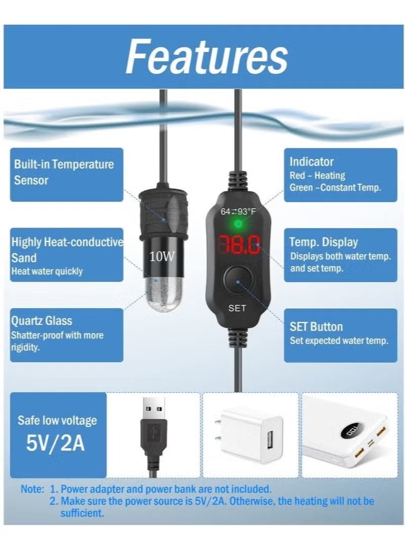 سخان حوض سمك صغير جدًا بقوة 10 واط، مزود بمنظم حرارة رقمي، يعمل بمنفذ USB بقوة 5 فولت/2 أمبير، مناسب لأحواض أسماك البيتا والسلاحف، وأحواض السمك الصغيرة التي تصل سعتها إلى 1 جالون. - Image 4