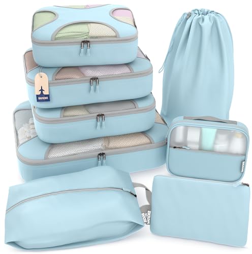 Shacke 8 Set Packing Cubes for Travel Complete Luggage Organizer Set with Laundry Shoe Toiletry Accessories Bag Suitcase Travel Organizer Sky Blue - Image 1