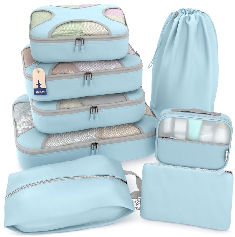 Shacke 8 Set Packing Cubes for Travel Complete Luggage Organizer Set with Laundry Shoe Toiletry Accessories Bag Suitcase Travel Organizer Sky Blue - Image 2