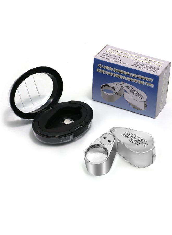 40X Full Metal Illuminated Jewelers Eye Loupe Magnifier with LED and UV Light, Folding Pocket Magnifying Glass, 2.5 cm Lens, for Gems, Jewellery, Coins, Stamps and Currency Inspection - Image 1