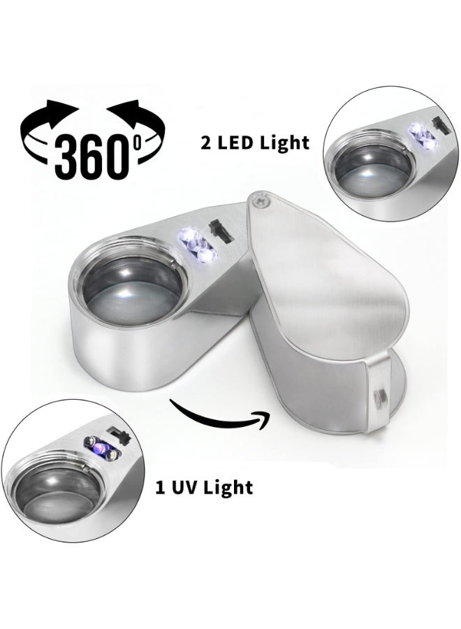 40X Full Metal Illuminated Jewelers Eye Loupe Magnifier with LED and UV Light, Folding Pocket Magnifying Glass, 2.5 cm Lens, for Gems, Jewellery, Coins, Stamps and Currency Inspection - Image 3