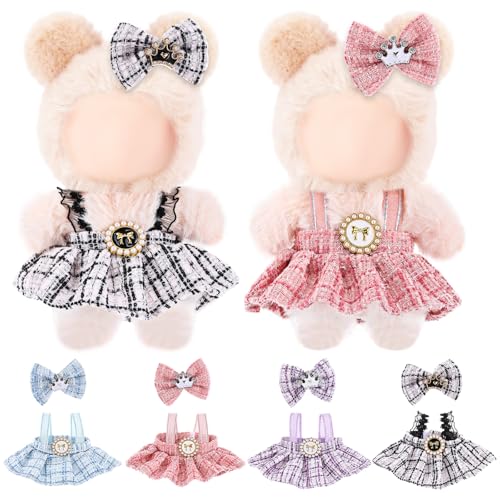Simgoing 4 Pack 17cm Doll Clothes Set Easter Gift Black Pink Blue Purple Stylish Plaid Tweed Dress and Bow Outfit for 17cm Doll Dress up Adorable Kawaii Clothes Accessories - Image 1