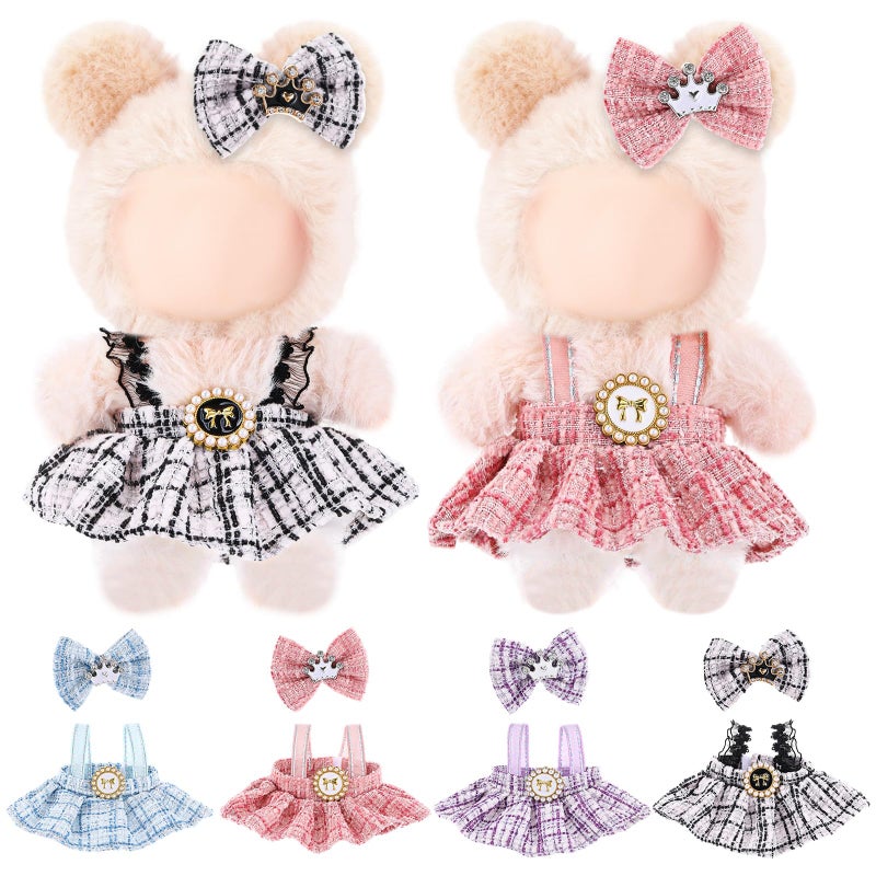 Simgoing 4 Pack 17cm Doll Clothes Set Easter Gift Black Pink Blue Purple Stylish Plaid Tweed Dress and Bow Outfit for 17cm Doll Dress up Adorable Kawaii Clothes Accessories - Image 3