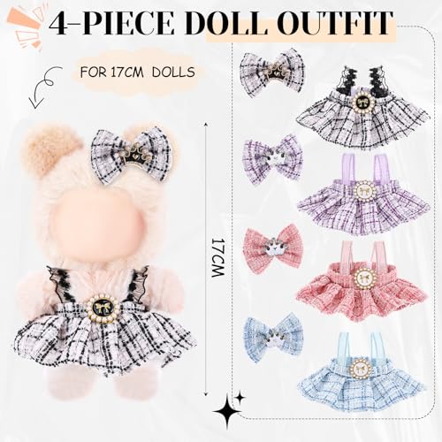 Simgoing 4 Pack 17cm Doll Clothes Set Easter Gift Black Pink Blue Purple Stylish Plaid Tweed Dress and Bow Outfit for 17cm Doll Dress up Adorable Kawaii Clothes Accessories - Image 5