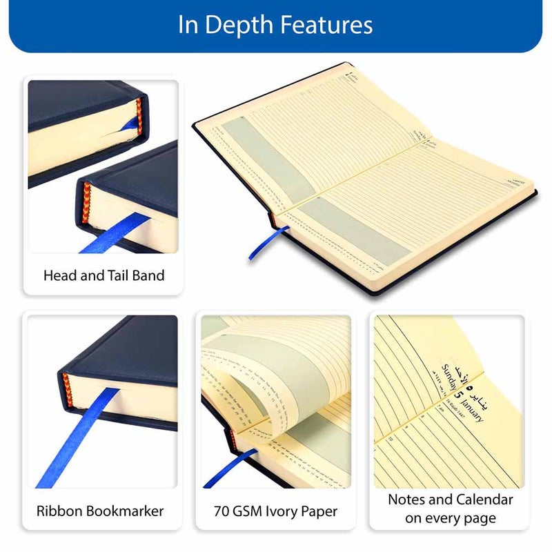 FIS 2026 A4 Diary, 210x297mm, 1 Side Padded Italian PU Cover Materials, Round Corners, 1 Day a Page Format, Arabic/English, 70gsm Italian Ivory Paper, Blue Cover - FSDI45AE26BL - Image 5