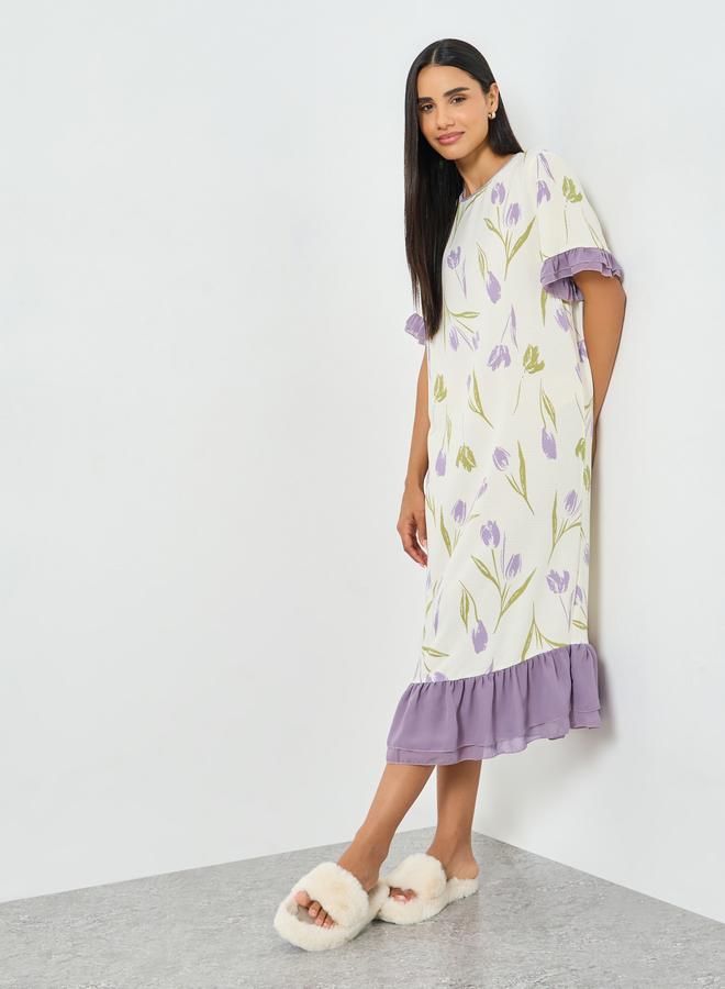 Take Two Cream Floral Print Ruffle Hem Nightdress - Image 1