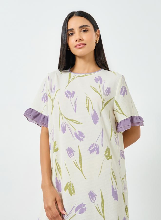 Take Two Cream Floral Print Ruffle Hem Nightdress - Image 3