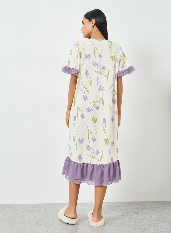 Take Two Cream Floral Print Ruffle Hem Nightdress - Image 5