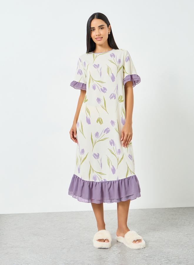 Take Two Cream Floral Print Ruffle Hem Nightdress - Image 2