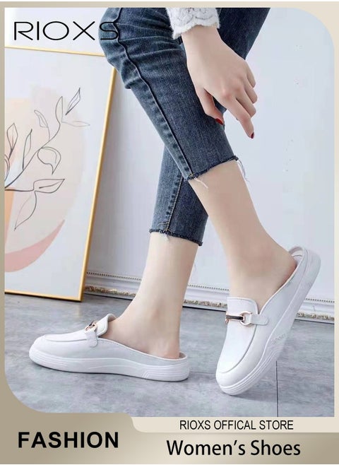 Women's Flat Mules, Soild Color Mules For Women, Ladies Casual Mule Shoes, Low Heel Flats Shoes Leather Slip On, Backless Sandals, Round Toe Loafers For Lady Mom Wife, Comfortable Mules For Office / Home And Daily Wear-White Mules