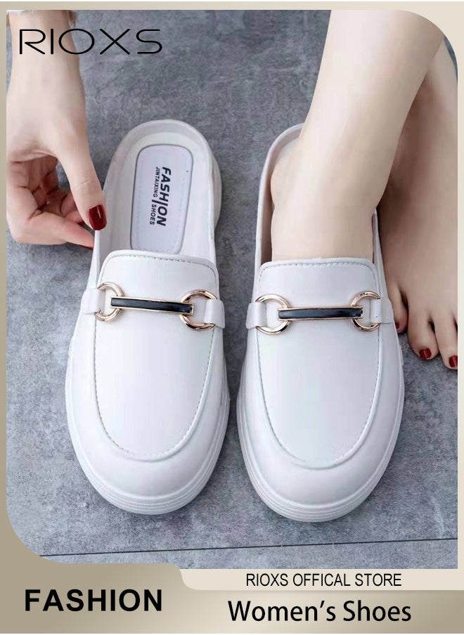 Women's Flat Mules, Soild Color Mules For Women, Ladies Casual Mule Shoes, Low Heel Flats Shoes Leather Slip On, Backless Sandals, Round Toe Loafers For Lady Mom Wife, Comfortable Mules For Office / Home And Daily Wear-White Mules