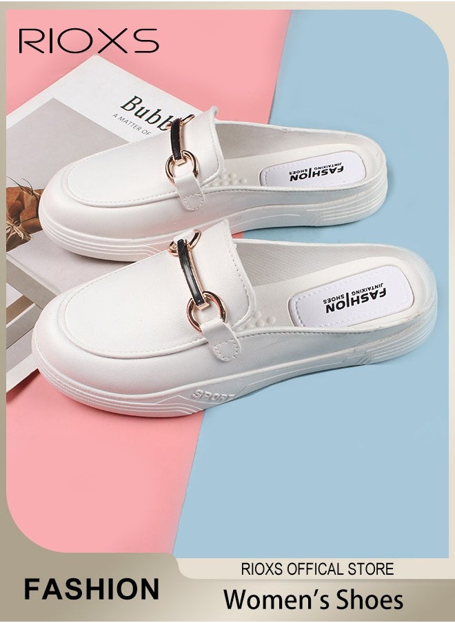 Women's Flat Mules, Soild Color Mules For Women, Ladies Casual Mule Shoes, Low Heel Flats Shoes Leather Slip On, Backless Sandals, Round Toe Loafers For Lady Mom Wife, Comfortable Mules For Office / Home And Daily Wear-White Mules