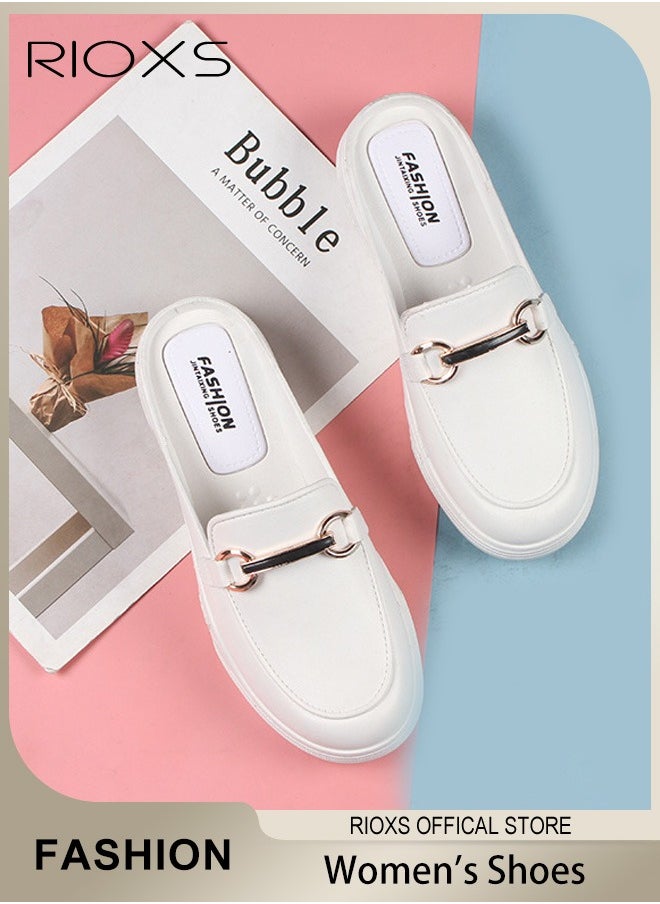Women's Flat Mules, Soild Color Mules For Women, Ladies Casual Mule Shoes, Low Heel Flats Shoes Leather Slip On, Backless Sandals, Round Toe Loafers For Lady Mom Wife, Comfortable Mules For Office / Home And Daily Wear-White Mules