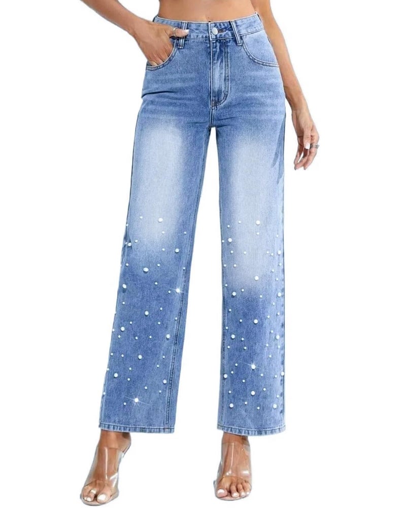 LifeShe Pearl Jeans for Women High Waisted Straight Wide Leg Denim Pants Casual Baggy Boyfriend Trousers Blue - Image 1
