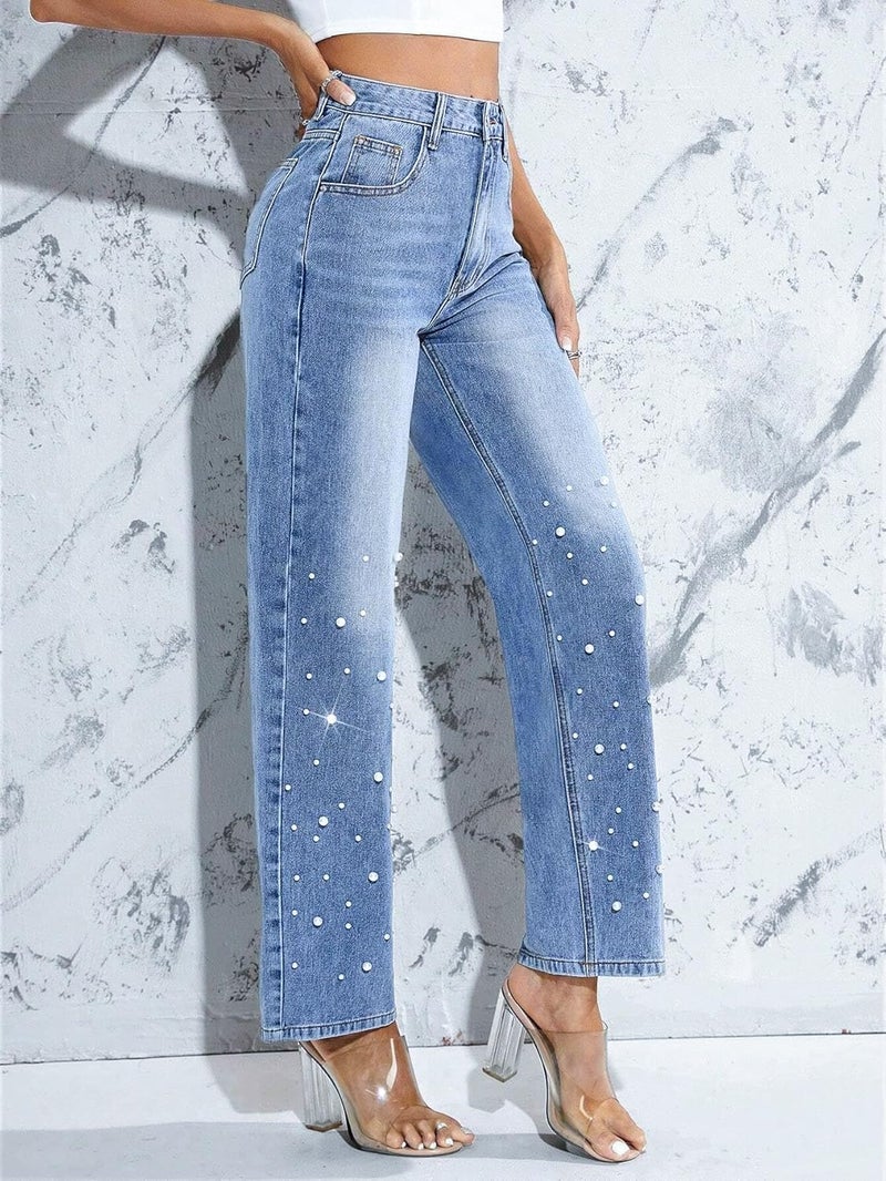 LifeShe Pearl Jeans for Women High Waisted Straight Wide Leg Denim Pants Casual Baggy Boyfriend Trousers Blue - Image 4