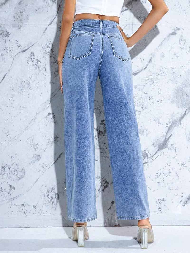 LifeShe Pearl Jeans for Women High Waisted Straight Wide Leg Denim Pants Casual Baggy Boyfriend Trousers Blue - Image 2