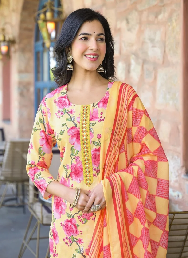ZERESOUQ Yellow Rayon Blend Floral Printed Straight 3-Piece Kurta Set