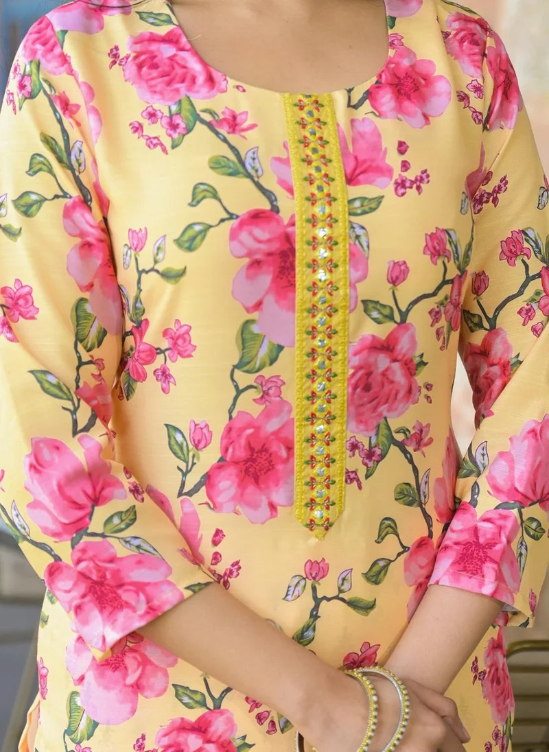 ZERESOUQ Yellow Rayon Blend Floral Printed Straight 3-Piece Kurta Set