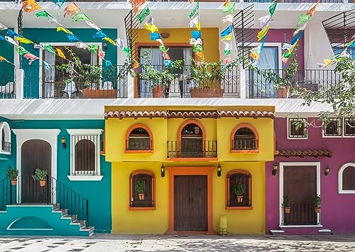 BELECO 7x5ft Fabric Old Streets Backdrop Traditional Colorful Houses Building Paper Flags Mexican Fiesta Background Theme Party Decorations Photo Booth Studio Props - Image 3
