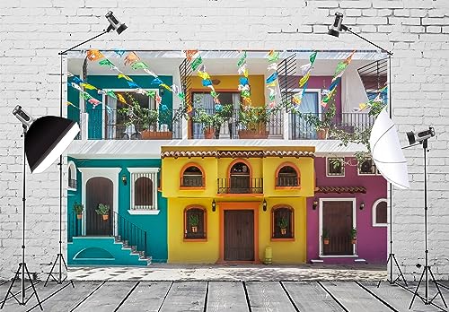 BELECO 7x5ft Fabric Old Streets Backdrop Traditional Colorful Houses Building Paper Flags Mexican Fiesta Background Theme Party Decorations Photo Booth Studio Props - Image 4