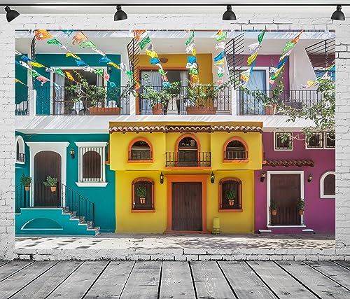 BELECO 7x5ft Fabric Old Streets Backdrop Traditional Colorful Houses Building Paper Flags Mexican Fiesta Background Theme Party Decorations Photo Booth Studio Props - Image 5