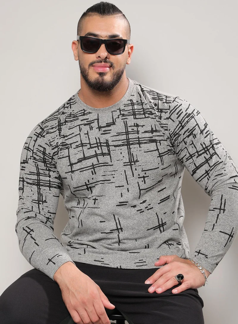انستافاب بلس Men's Moon Grey Abstract Lined T-Shirt For Casual Wear | Crew Neck | Long Sleeve | Pull On Closure | T-Shirt Crafted With Comfort Fit For Everyday Wear