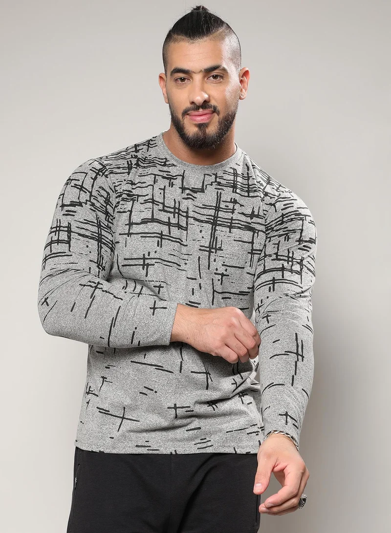 Instafab Plus Men's Moon Grey Abstract Lined T-Shirt For Casual Wear | Crew Neck | Long Sleeve | Pull On Closure | T-Shirt Crafted With Comfort Fit For Everyday Wear