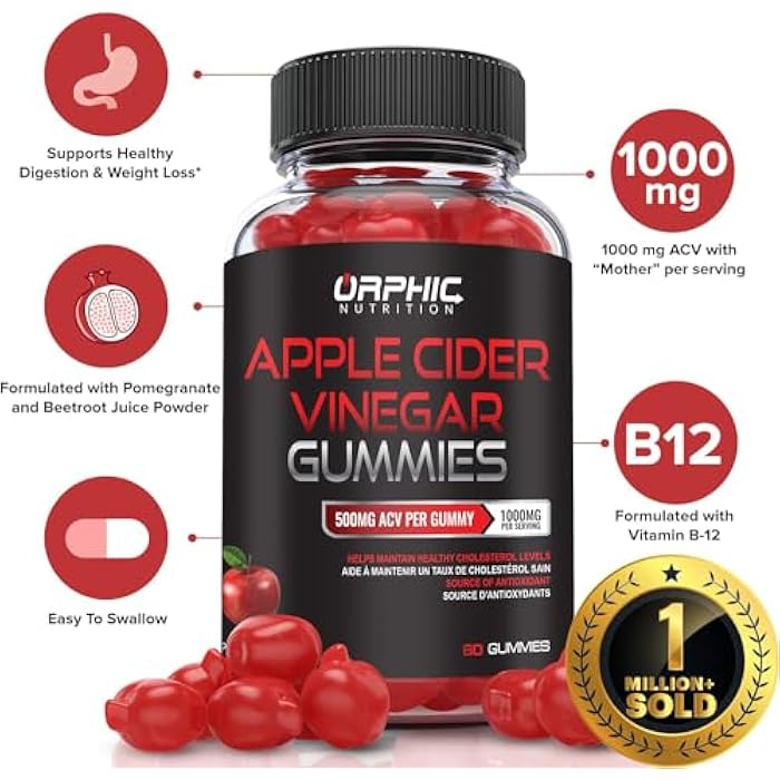 ORPHIC NUTRITION Apple Cider Vinegar Gummies - 1000mg - ACV Weight Loss Gummies - Supports Digestion, Detox & Cleansing - VIT B12, Beetroot - Gomitas de Vinagre de Manzana (60 pcs) - Image 2