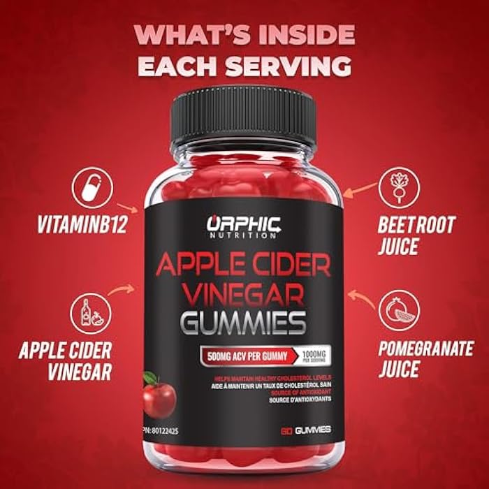 ORPHIC NUTRITION Apple Cider Vinegar Gummies - 1000mg - ACV Weight Loss Gummies - Supports Digestion, Detox & Cleansing - VIT B12, Beetroot - Gomitas de Vinagre de Manzana (60 pcs) - Image 3