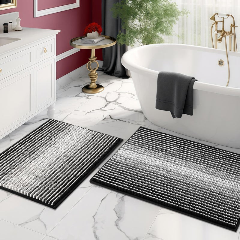 2 Pack Bathroom Mat Set - Non Slip Highly Absorbent Microfiber Shaggy Rugs - Image 1