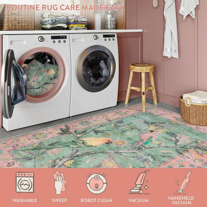 Botanical Birds Washable Rug – 3x5 Vintage Soft Non-Slip Area Rug in Pink with Classic Floral Bird Design - Image 4