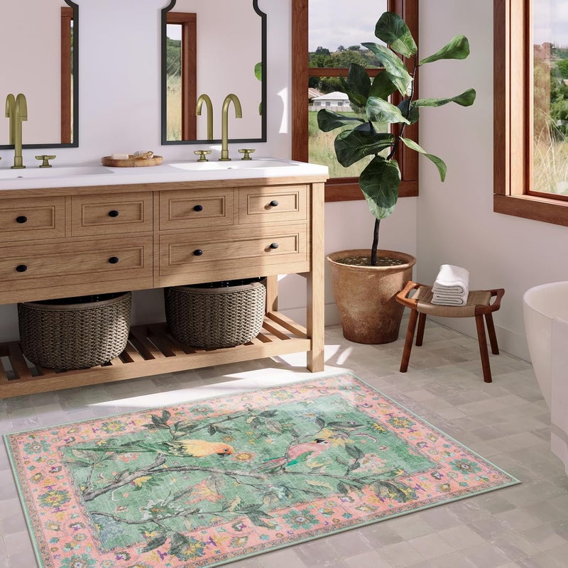 Botanical Birds Washable Rug – 3x5 Vintage Soft Non-Slip Area Rug in Pink with Classic Floral Bird Design - Image 3