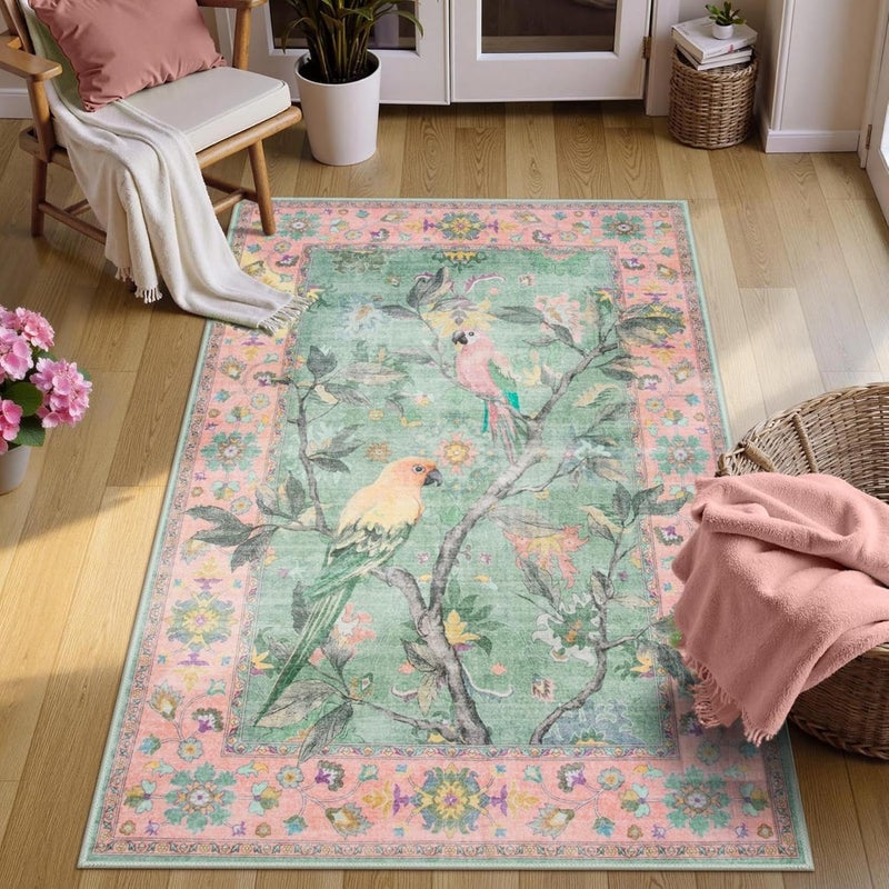 Botanical Birds Washable Rug – 3x5 Vintage Soft Non-Slip Area Rug in Pink with Classic Floral Bird Design - Image 1