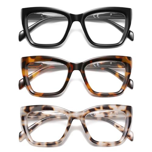 LKEYE Oversized Reading Glasses For Women Men Cat Eye Oprah Style Blue Light Blocking Computer Square Reader Designer Ladies Large Frame Fashion Spring Hinge Cute Eyewear LK6085 3 Pack +1.25 X - Image 1