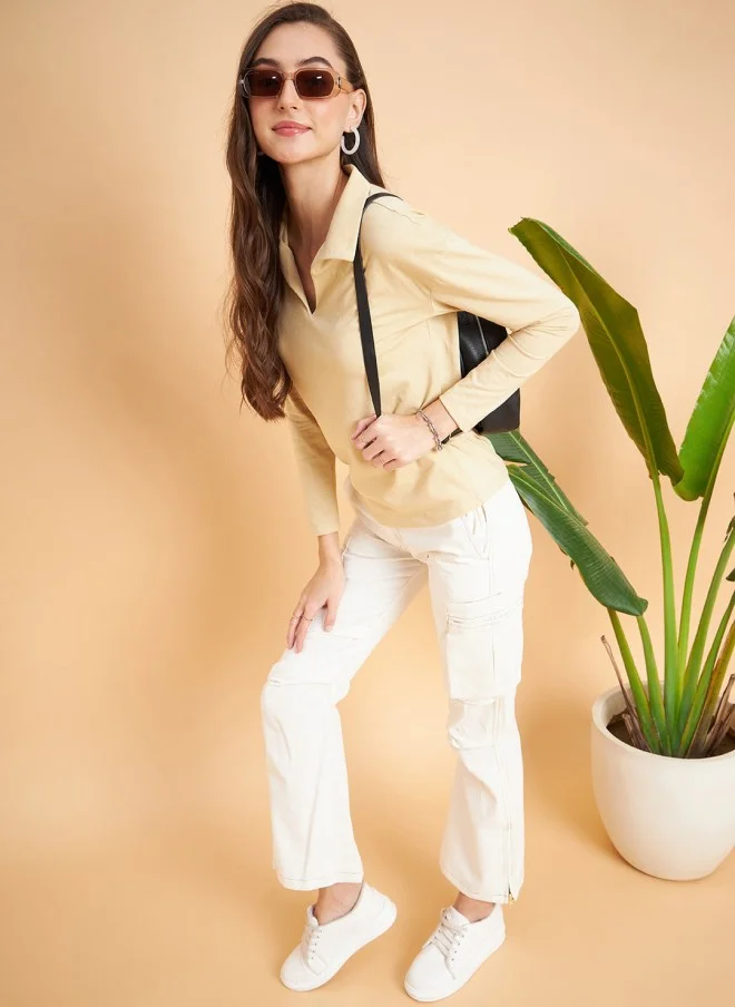 MINT STREET Cream Casual T-Shirt for Women